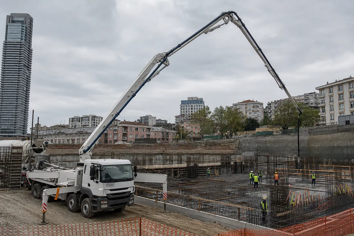 Şehir içindeki şantiyede çalışan kamyona monteli beton pompası